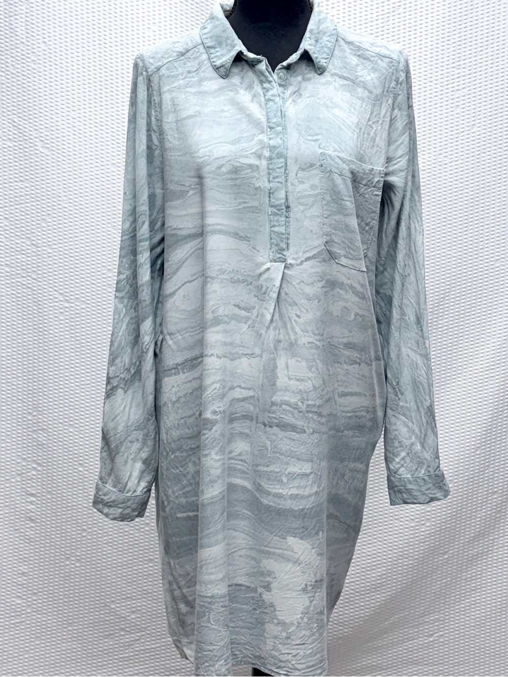 Mona B Shirt Dress Women’s L Gray White Marble Print Midi Button Down